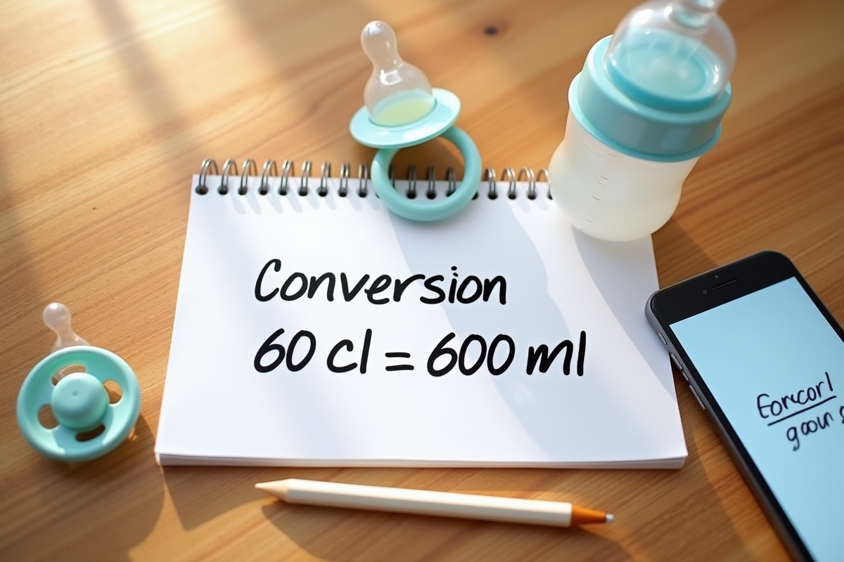 Table avec note de conversion et biberon pour bebe