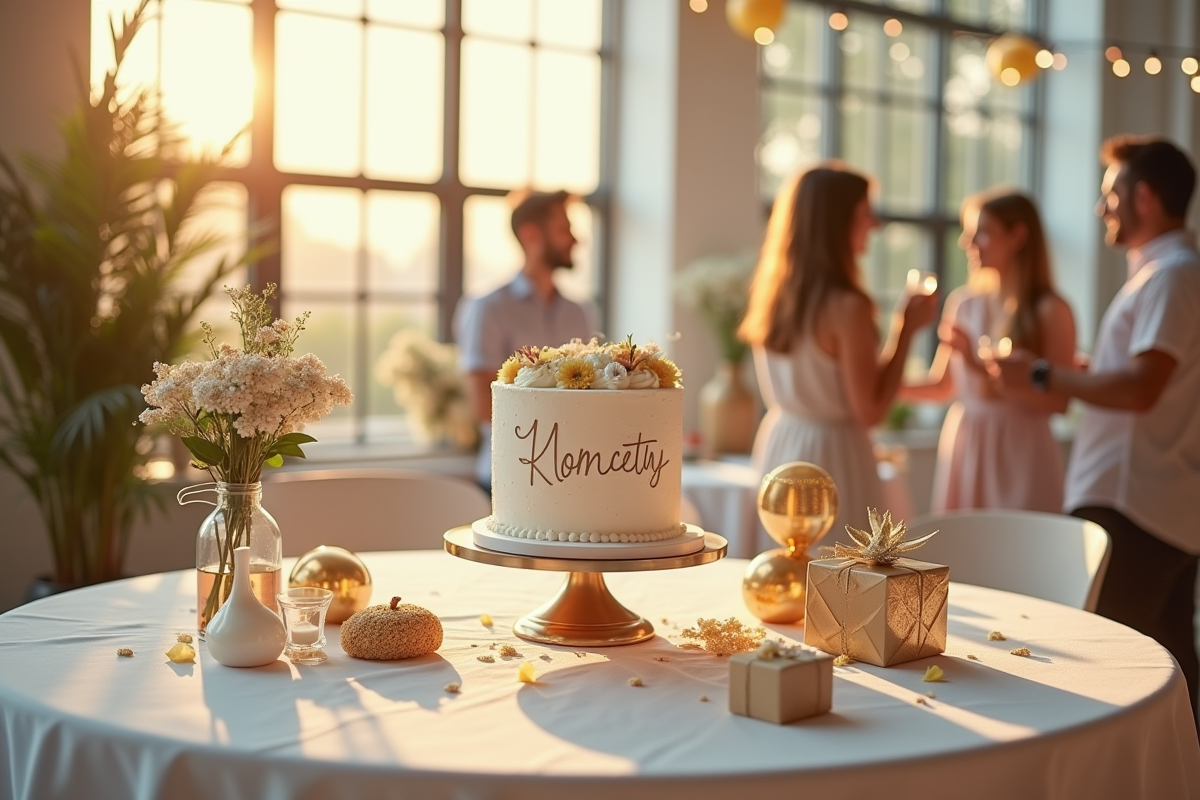 Table festive intérieure avec gâteau personnalisé et fleurs fraîches