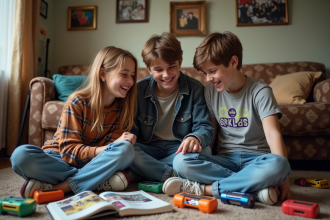Trois adolescents rient en regardant un album photo dans un salon vintage
