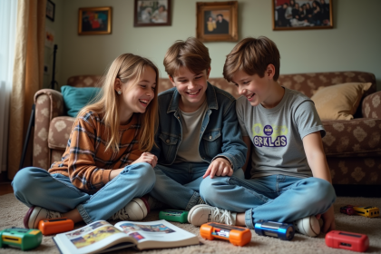 Trois adolescents rient en regardant un album photo dans un salon vintage