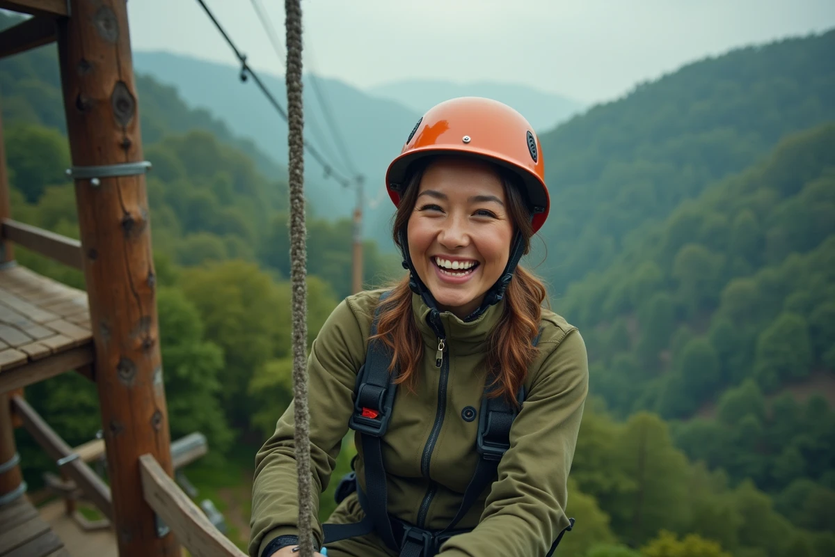 Femme s'apprêtant à s'élancer sur une tyrolienne en forêt lors d'un anniversaire aventure
