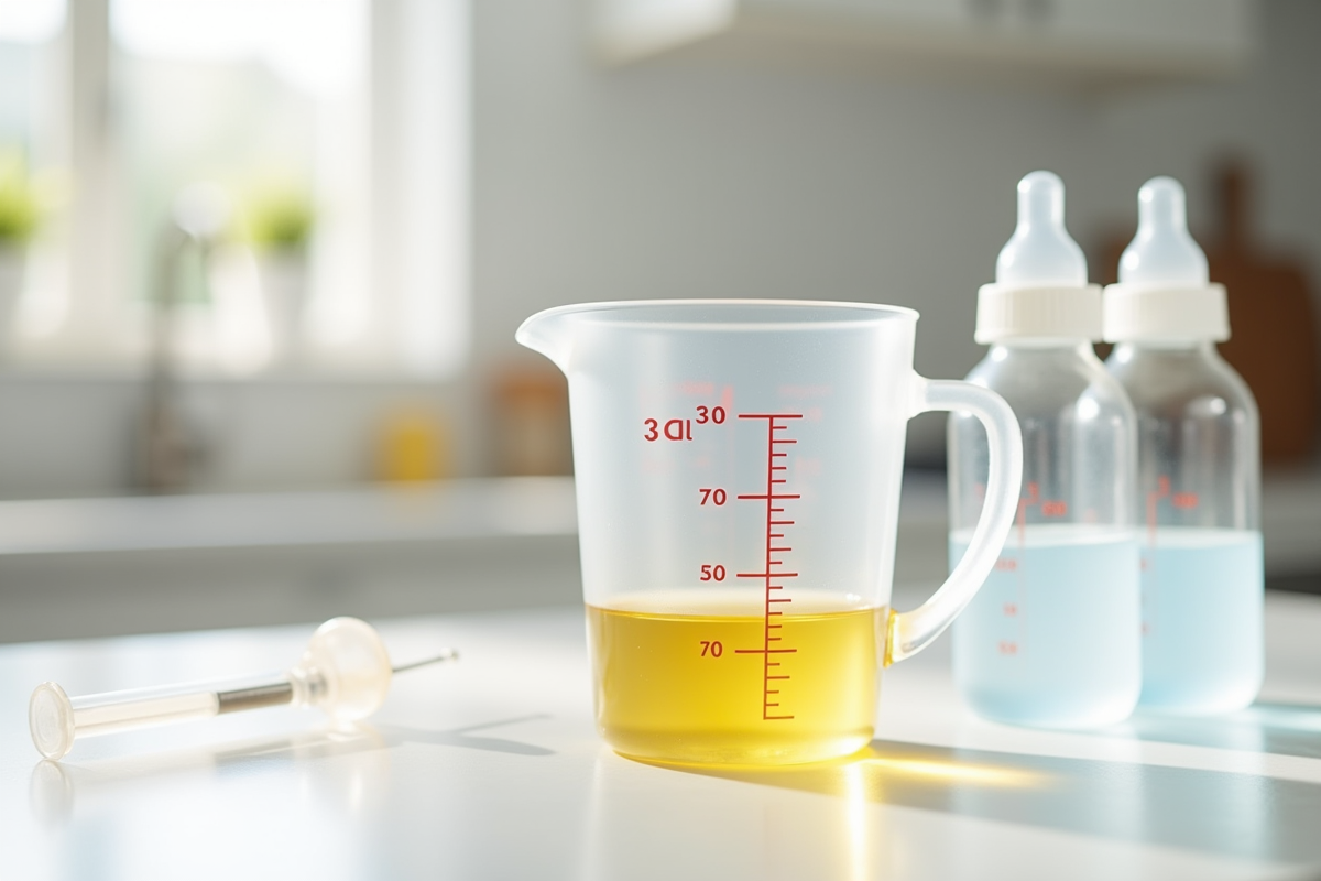 Verre doseur rempli à 30 cl avec biberons et seringue bébé