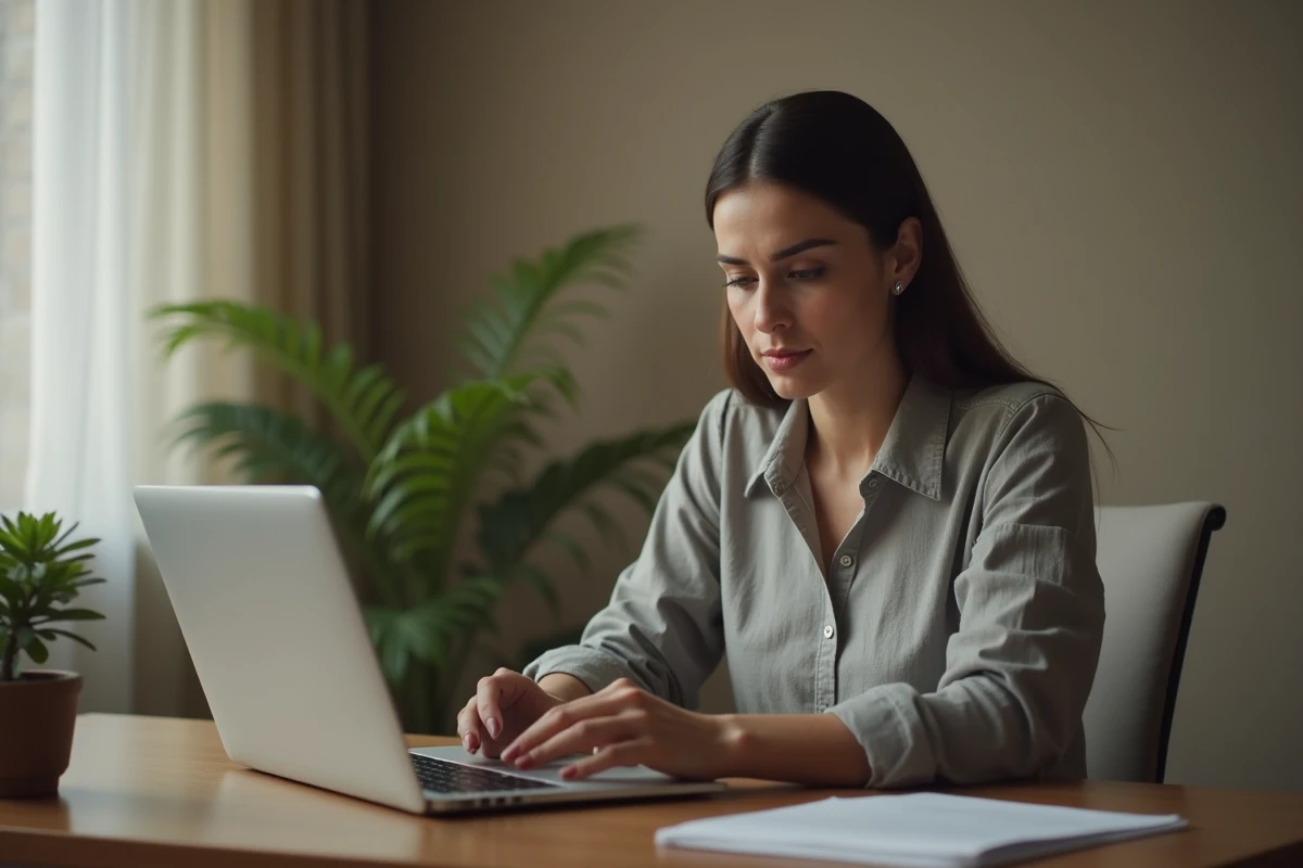 Femme regardant un écran d'ordinateur avec des notifications floues, illustrant les enjeux de la vie privée et de l'exposition numérique