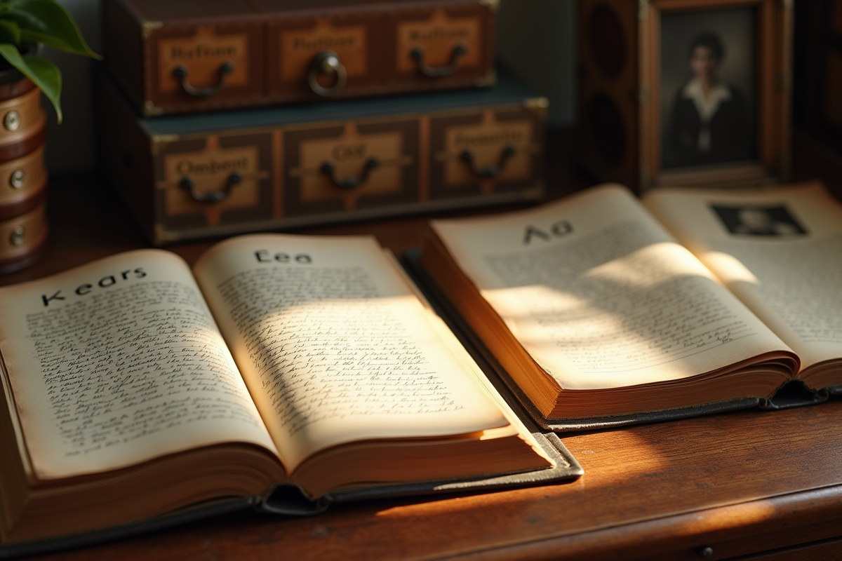 Vieux albums photos et livres de prénoms A sur bureau ensoleille