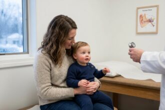Mère tenant son bébé en hiver lors d'une visite chez le pédiatre, calendrier de santé enfant