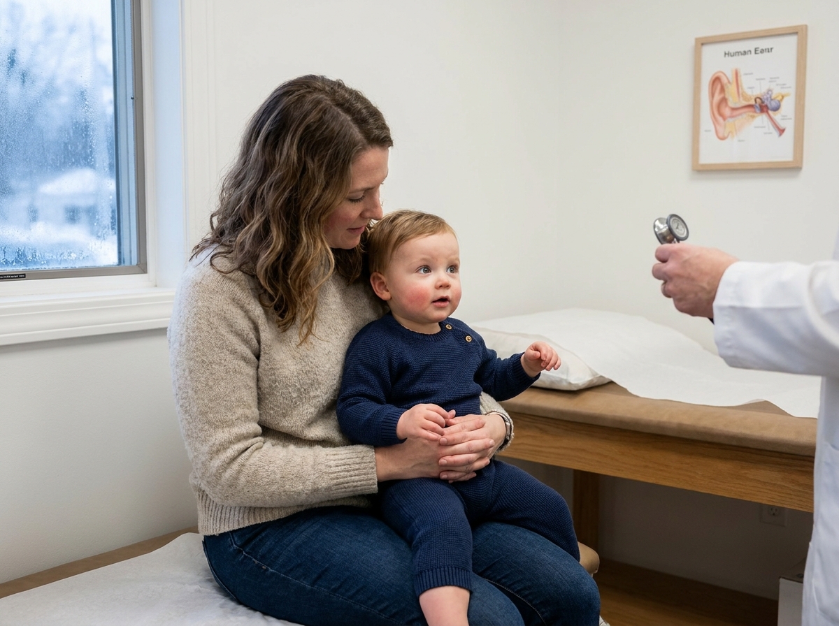 Mère tenant son bébé en hiver lors d'une visite chez le pédiatre, calendrier de santé enfant