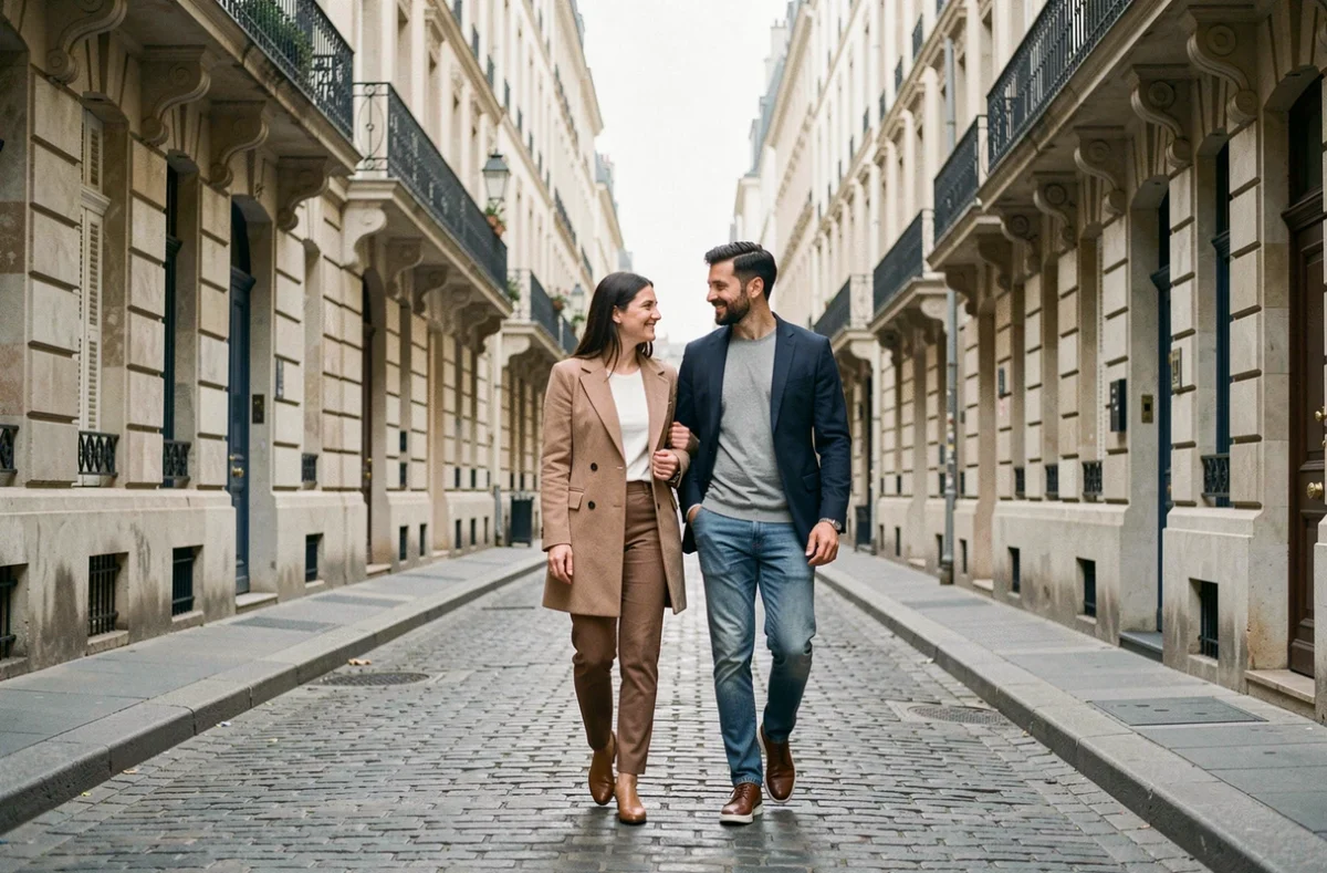 Couple se promenant dans une rue parisienne, évoquant la relation amoureuse et la vie de couple de Yoann Usai