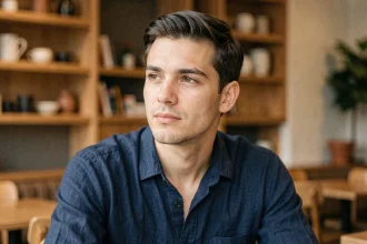 Portrait d'un homme en train de réfléchir dans un café moderne, illustrant un article sur la vie privée et le compagnon de Yoann Usai