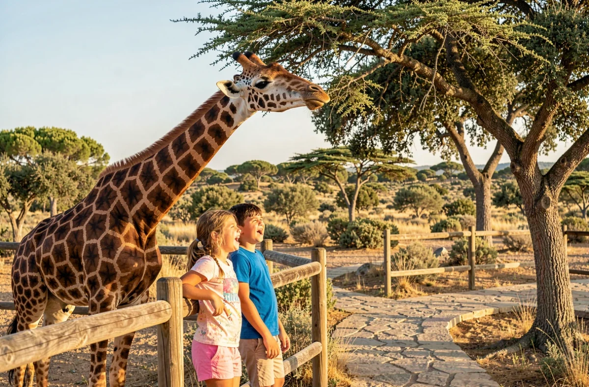 Enfants admirant une girafe au Parc de la Barben Zoo de La Barben